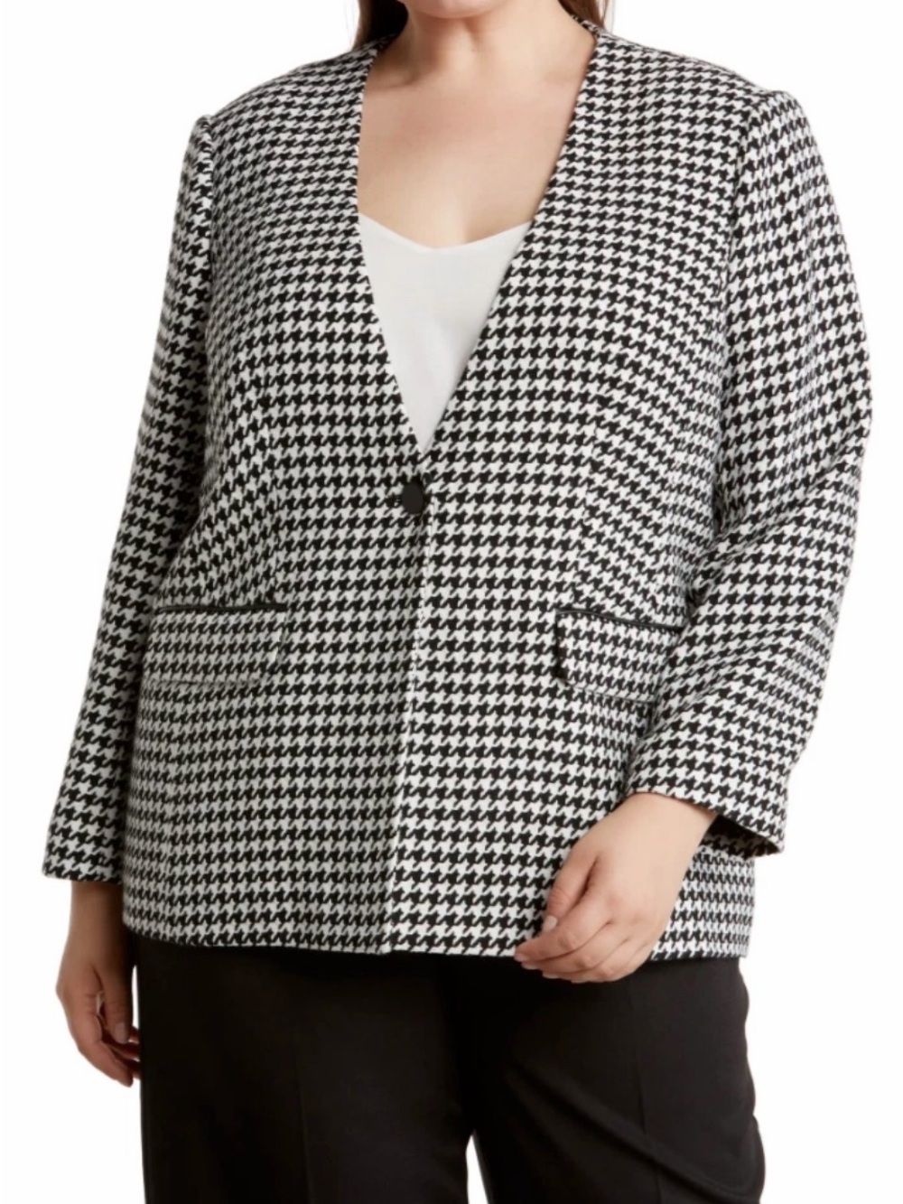 Tahari Black and White Houndstooth Single-Button Blazer